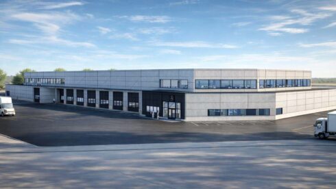    Visualisering av den nya Mercedes Benz lastbilsanläggningen i Upplands Väsby, framtagen av Tranviks Udde Fastigheter AB. Anläggningen beräknas stå klar under andra kvartalet 2027 och blir en toppmodern servicepunkt för tunga fordon. Foto: Veho.